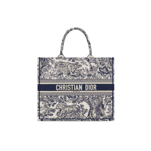 Dior Large Dior Book Tote In Ecru And Blue Toile De Jouy Embroidery