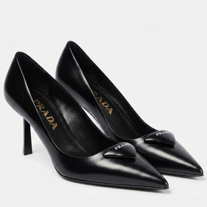 Prada Black Leather Heels Pumps Featuring a Distinctive Padded Triangle Logo