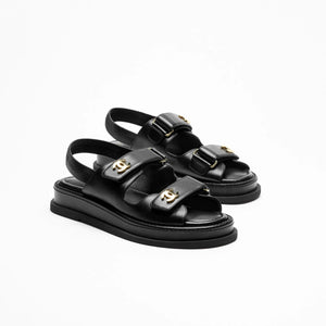 Chanel Black Sandals With Gold-Tone Metal CC Logo