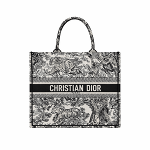 Dior Large Book Tote In Ecru And Black Toile De Jouy Embroidery