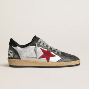 Golden Goose Ball Star LTD In Silver Laminated Leather With Red Suede Star And Black Inserts