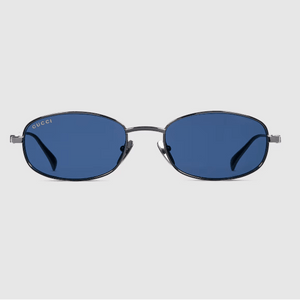 Gucci Round Metal Sunglasses With Blue Lenses and Logo Temples