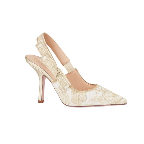 J'Adior Slingback Pump White And Gold-Tone Cotton Embroidered Heels - BEAUTY BAR