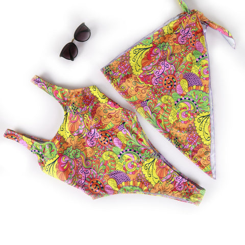 Multicolor Tow Piece Swimwear With Scarf