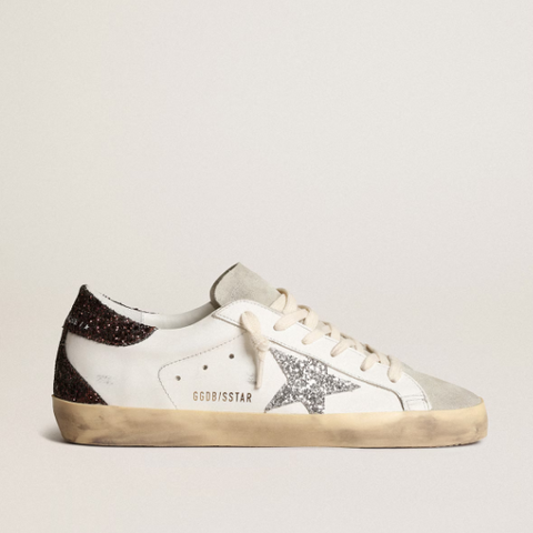 Golden Goose Women's Super-Star With Silver Star and Brown Glitter Heel Tab