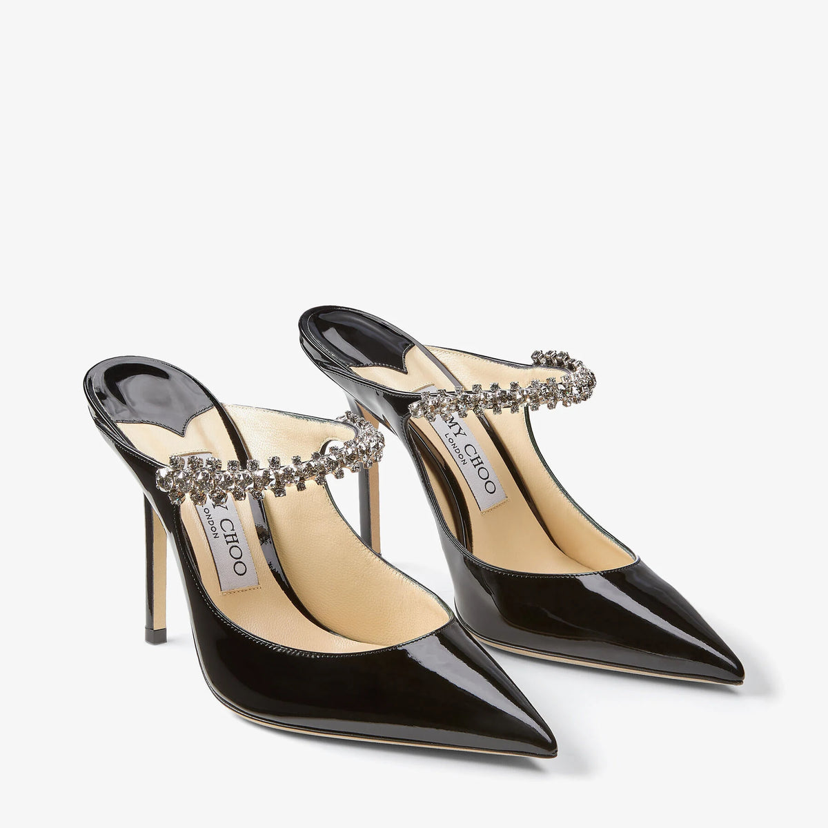 Jimmy Choo Black Patent Leather Mules With Crystal Strap 1