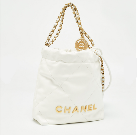 Chanel 22 Mini Handbag Shiny Calfskin, Gold-Tone & Lacquered Metal White