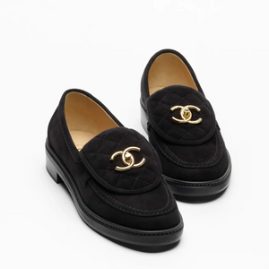 Chanel Black Suede CC Hardware Slip-On Loafers
