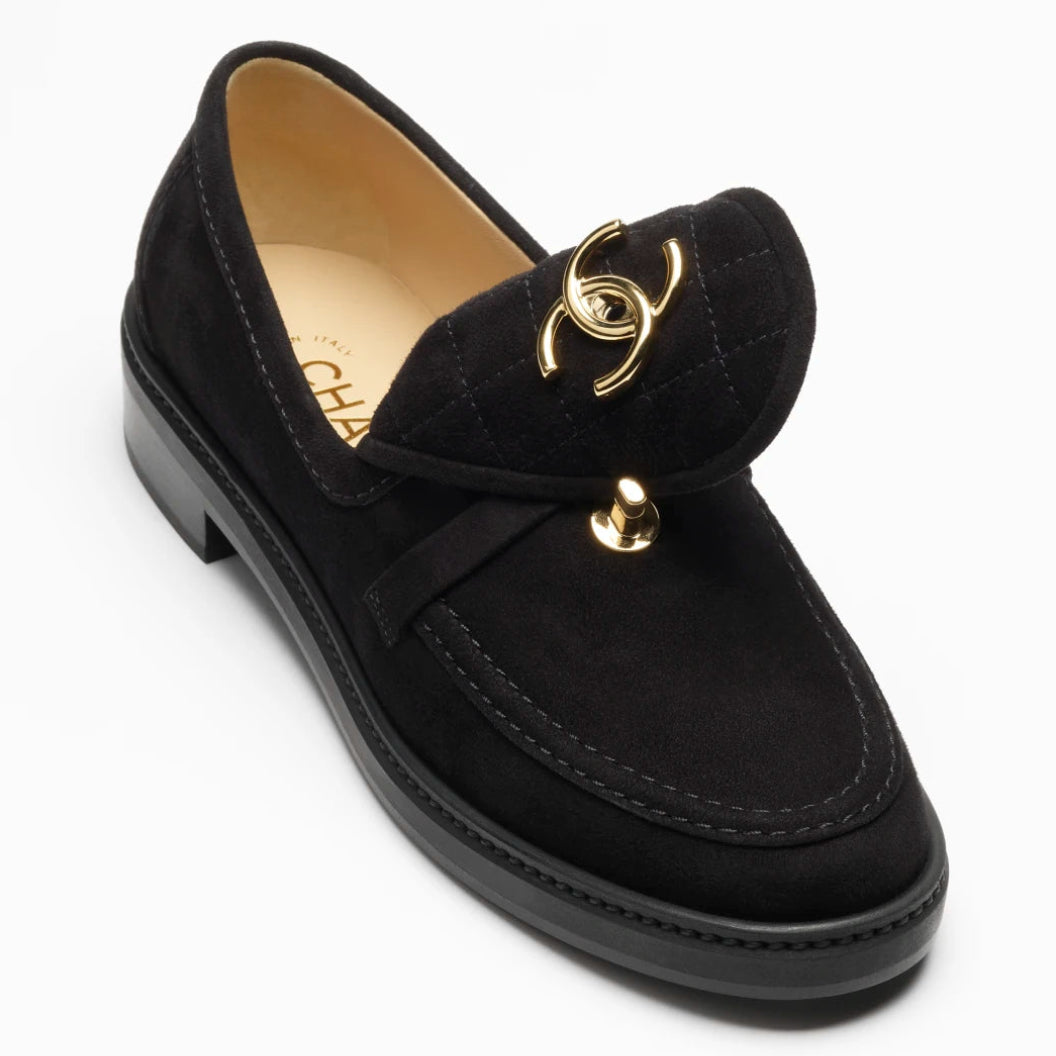 Chanel Black Suede CC Hardware Slip-On Loafers 2