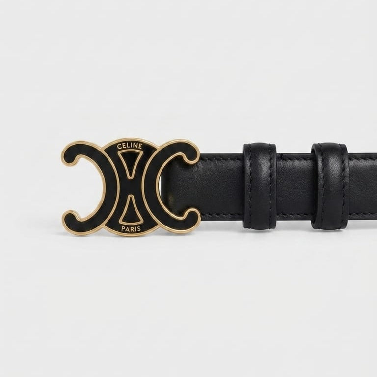 Celine Black Belt With Black And Gold Triomphe Logo 2