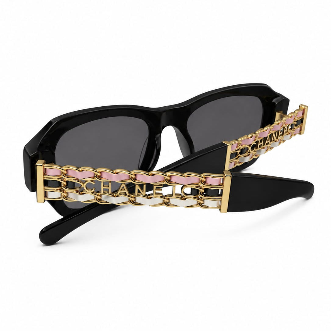 Chanel Black Acetate Sunglasses With Bink and White Chain Logo Detail 3