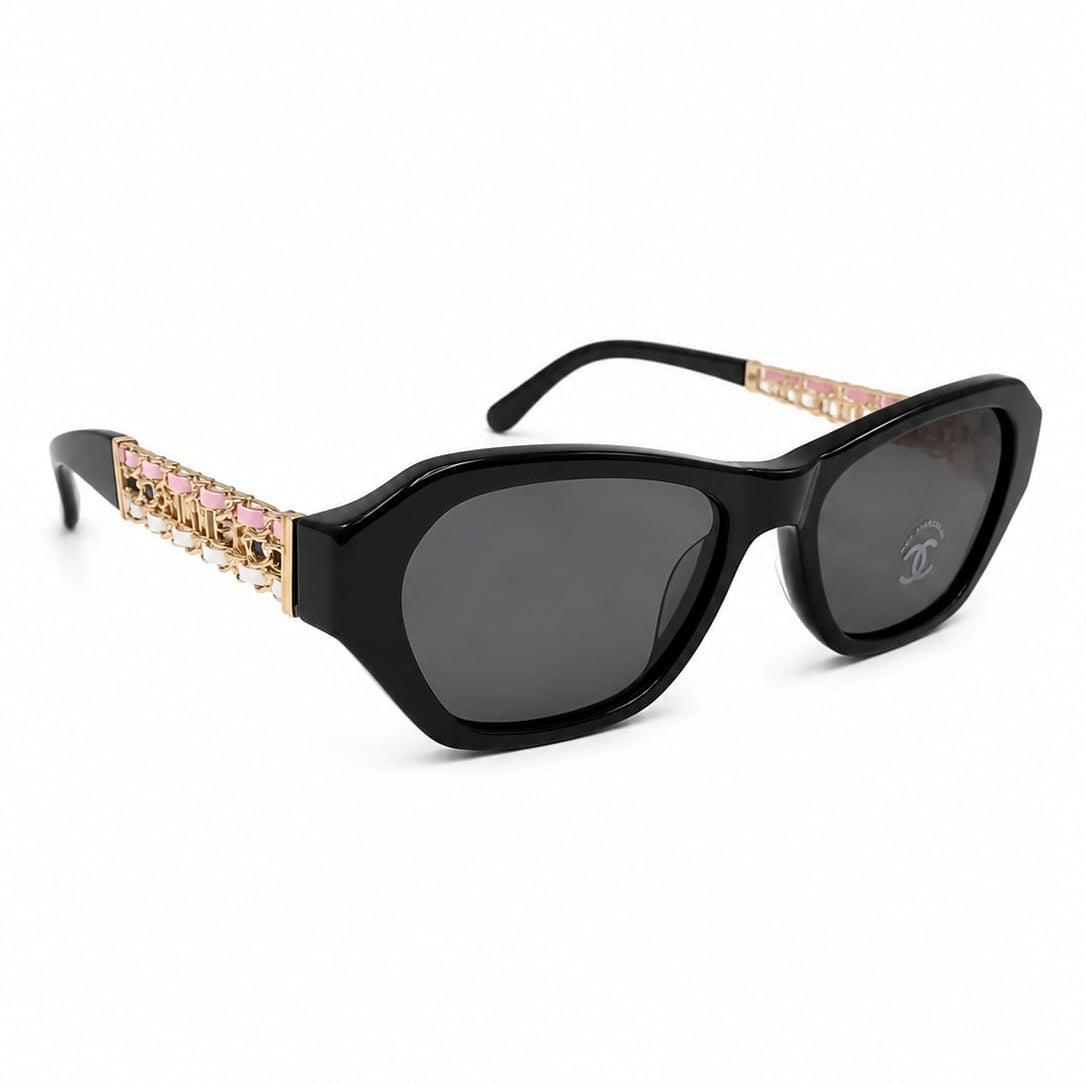Chanel Black Acetate Sunglasses With Bink and White Chain Logo Detail 2