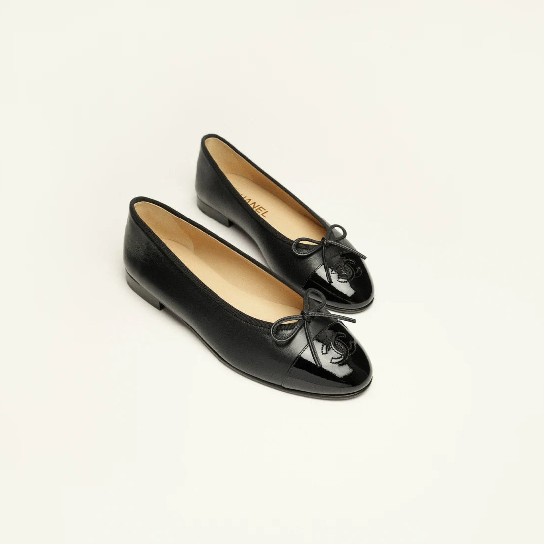 Chanel Black Leather And Patent Leather Cap-Toe Ballet Flats 2