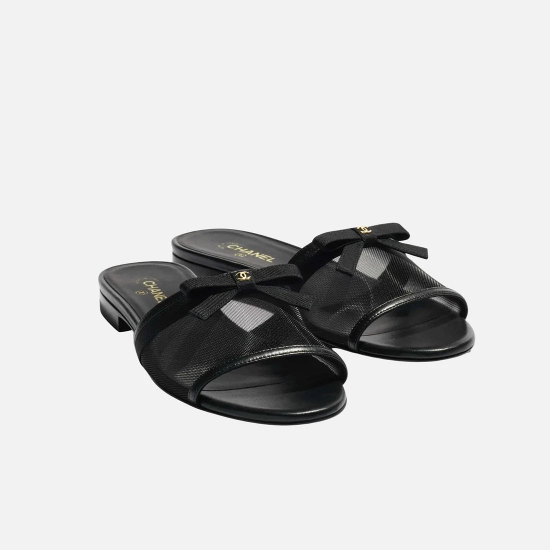 Chanel Black Mesh  Bow Mules With A Delicate Bow And The Iconic Gold-Tone CC Logo 2