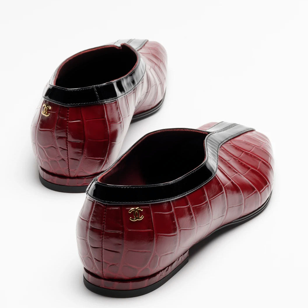 Chanel Crocodile Embossed & Patent Leather Ballerina Flats In Dark Burgundy 2