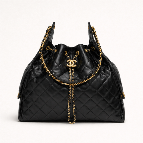 Chanel Black Quilted Handbag With Gold Details