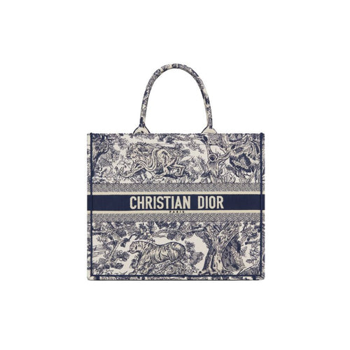 Dior Large Dior Book Tote In Ecru And Blue Toile De Jouy Embroidery