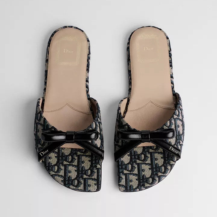 Dior Bow Slide Deep Blue Dior Oblique Embroidered Cotton 4