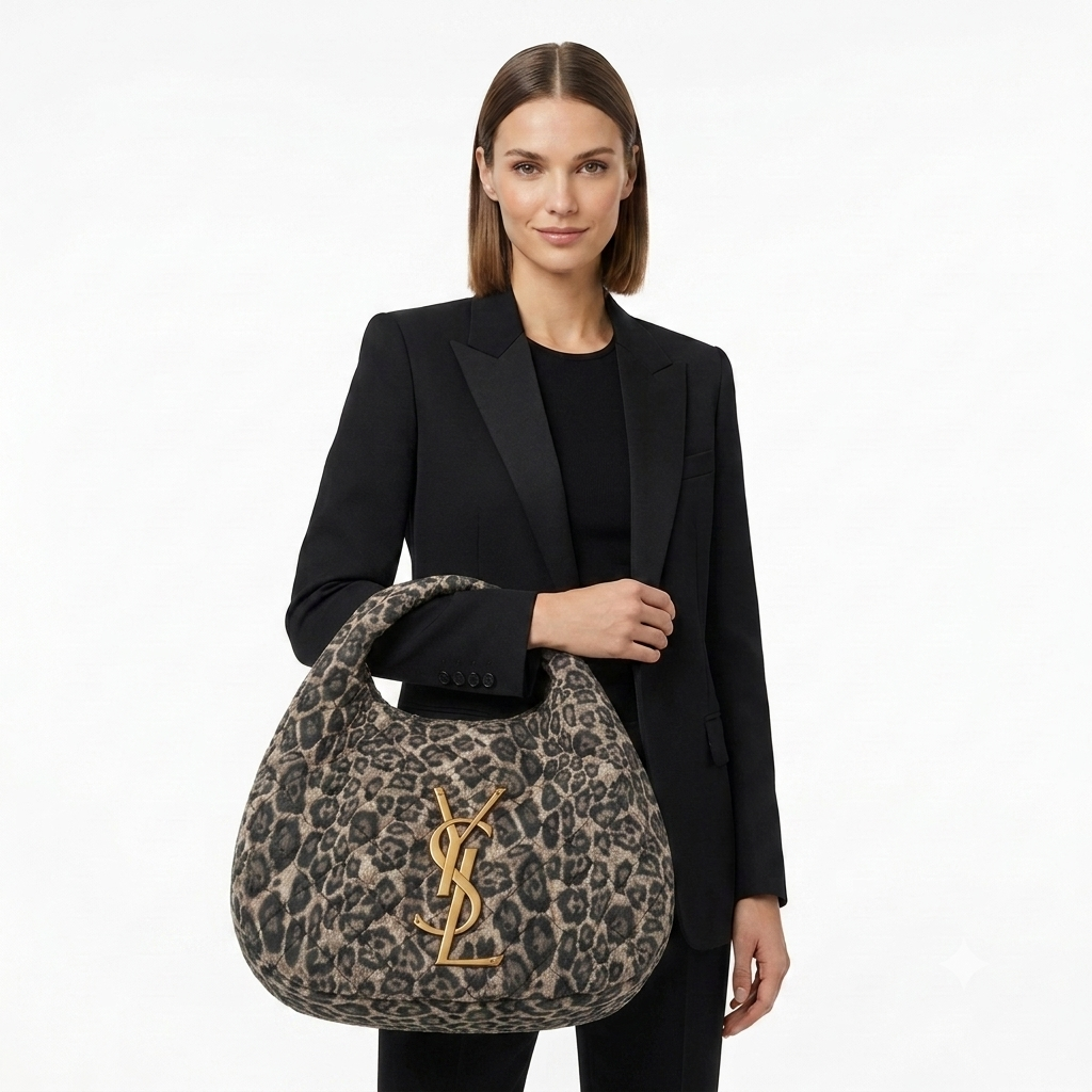 Yves Saint Laurent Leopard Quilted Hobo Bag with Gold Ysl Logo 3