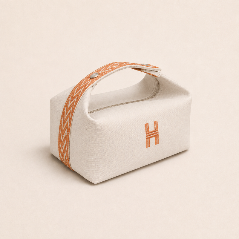 Hremes Pouch in Ecru Canvas With Orange Chevron Details