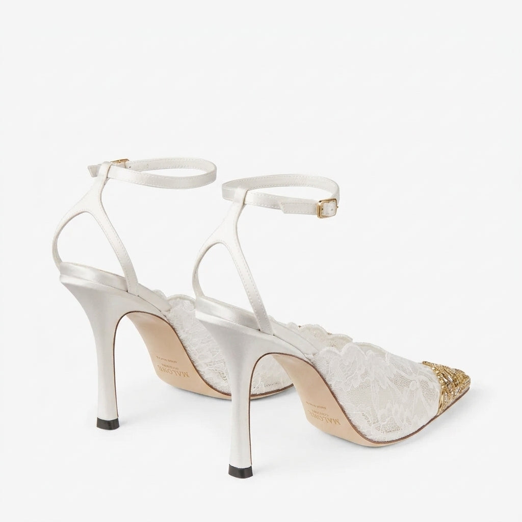 Jimmy Choo White High-Heeled Shoes Adorned With Lace And Metallic Lace Details 4