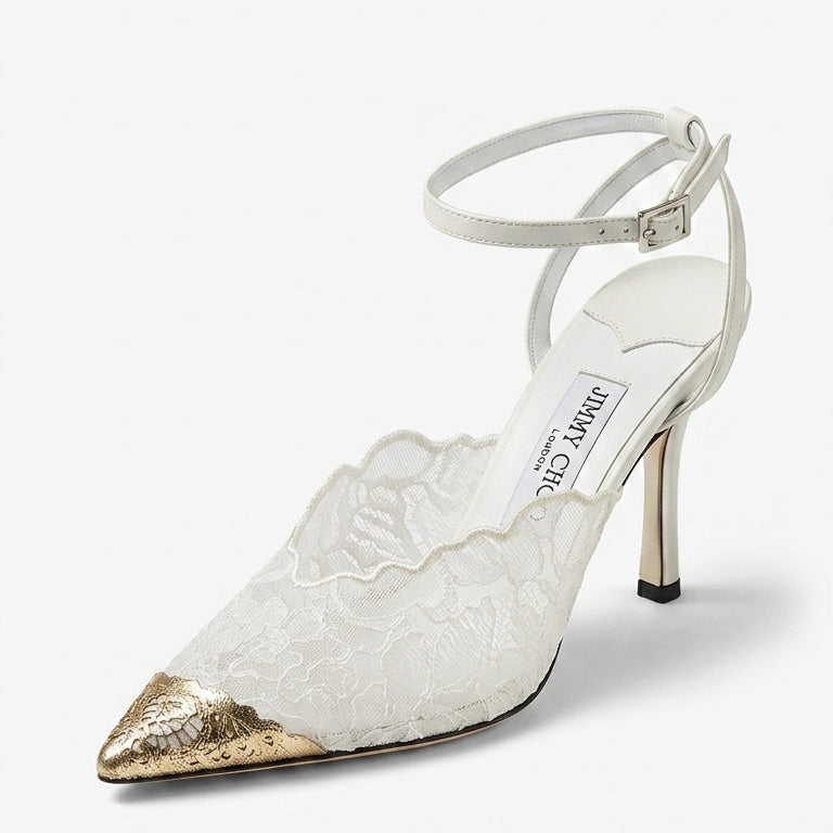 Jimmy Choo White High-Heeled Shoes Adorned With Lace And Metallic Lace Details 1