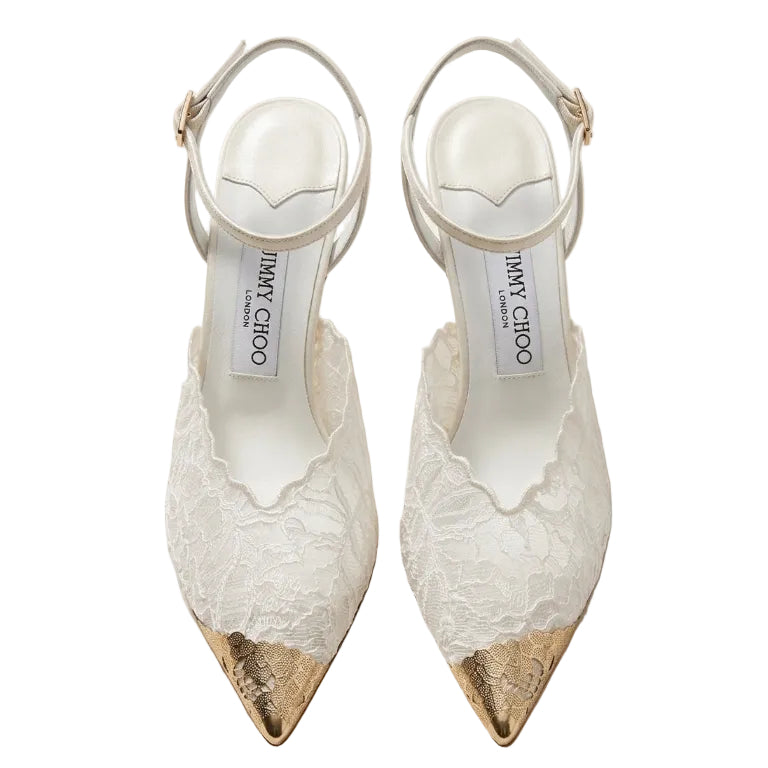Jimmy Choo White High-Heeled Shoes Adorned With Lace And Metallic Lace Details 2