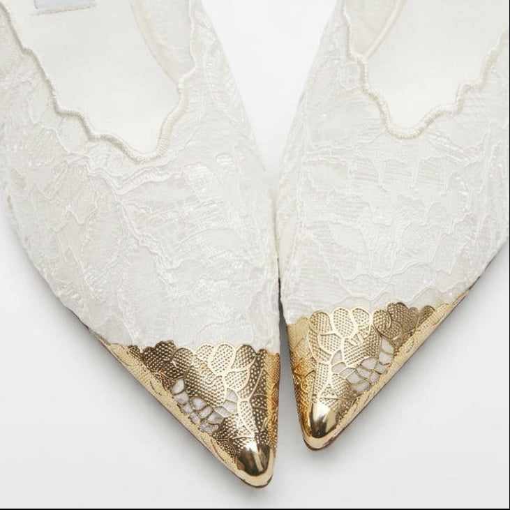Jimmy Choo White High-Heeled Shoes Adorned With Lace And Metallic Lace Details 3