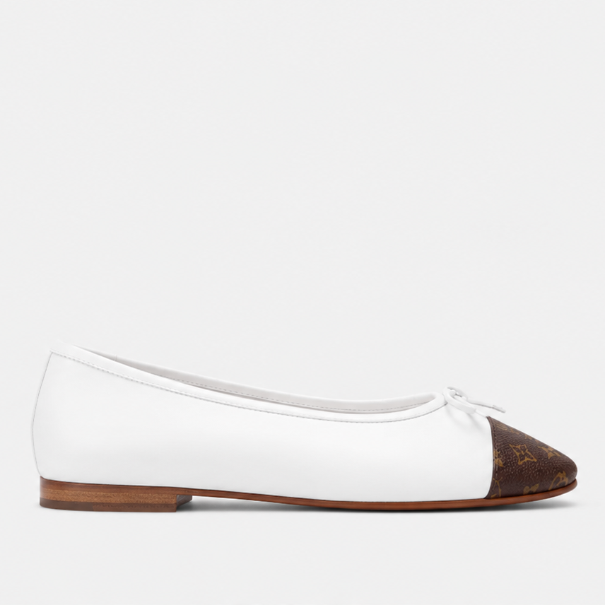 Louis Vuitton White Leather Ballet Flats with Monogram Canvas Toe Caps 3