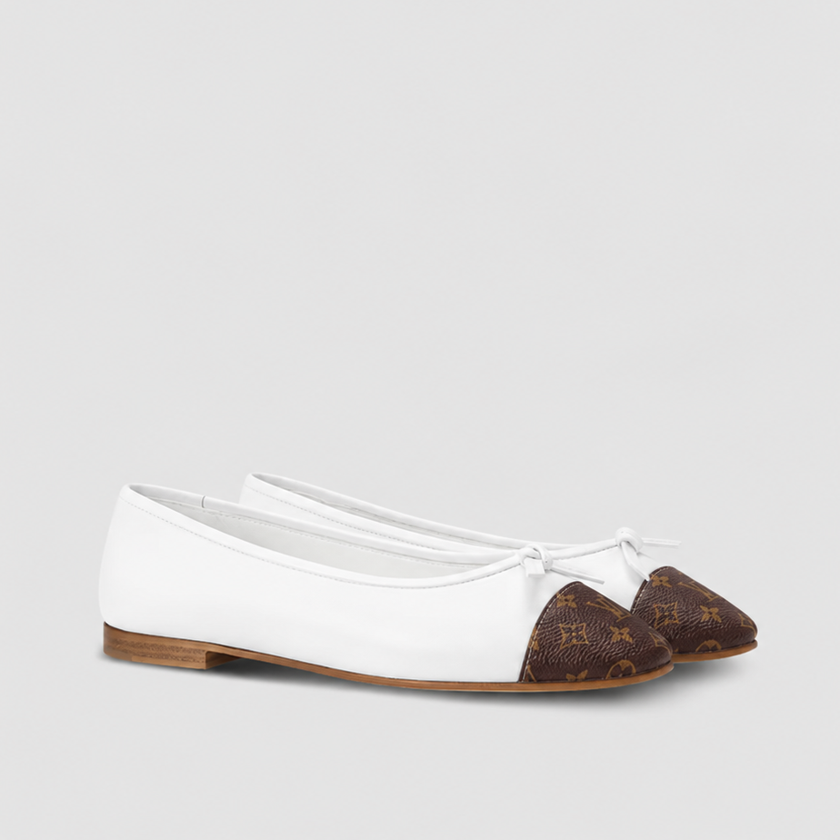 Louis Vuitton White Leather Ballet Flats with Monogram Canvas Toe Caps 1