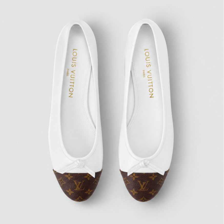 Louis Vuitton White Leather Ballet Flats with Monogram Canvas Toe Caps 2