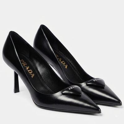 Prada Black Leather Heels Pumps Featuring a Distinctive Padded Triangle Logo