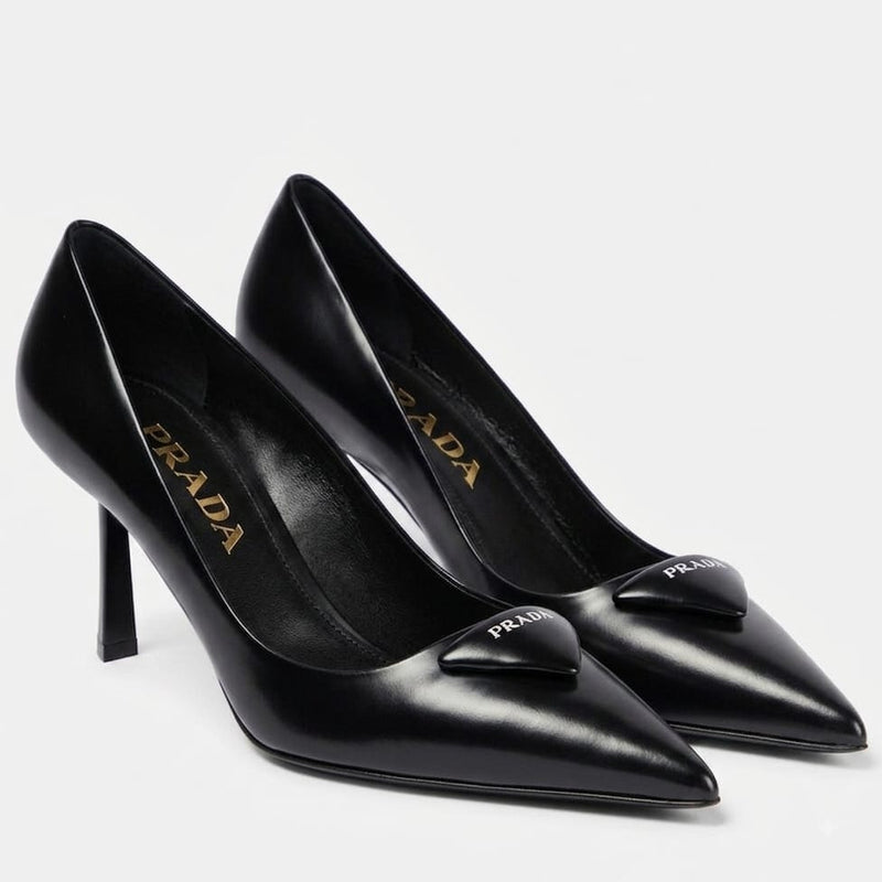 Prada Black Leather Heels Pumps Featuring a Distinctive Padded Triangle Logo