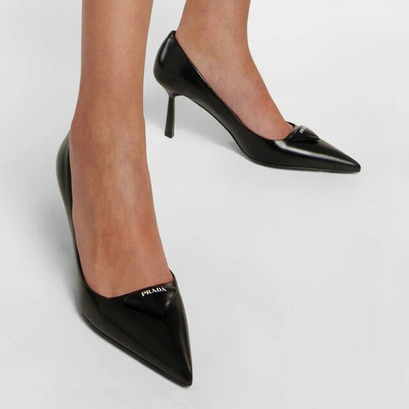 Prada Black Leather Heels Pumps Featuring a Distinctive Padded Triangle Logo 4