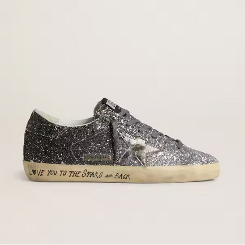 Golden Goose Women's Super Star With Glitter Upper And Silver Metallic Leather Star