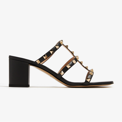 Valentino Garavani Black Leather Rockstud 60mm Block Heel Sandals