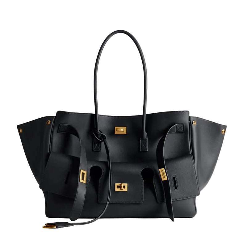 Balenciaga Bel Air Carry All Bag Medium In Black Smooth Calfskin, Aged-Gold Hardware