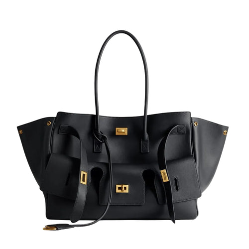 Balenciaga Bel Air Carry All Bag Medium In Black Smooth Calfskin, Aged-Gold Hardware