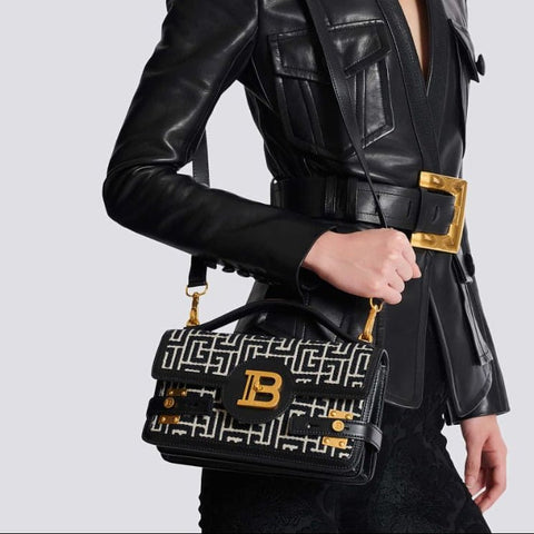 Balmain - Buzz Shoulder 24 Bag in Leather and PB Jacquard Canvas - BEAUTY BAR