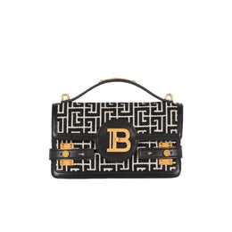 Balmain-Buzz Shoulder 24 Bag in Leather and PB Jacquard Canvas