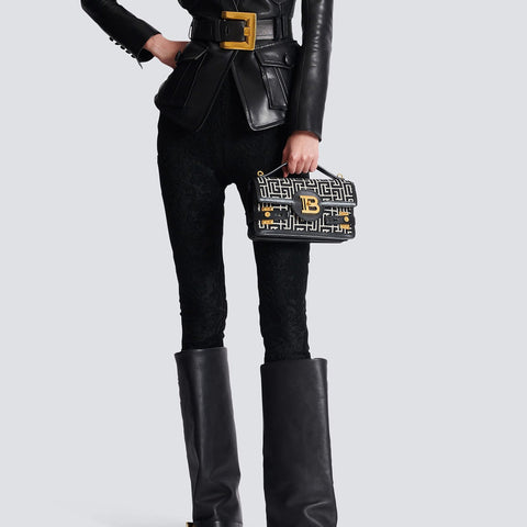 Balmain - Buzz Shoulder 24 Bag in Leather and PB Jacquard Canvas - BEAUTY BAR