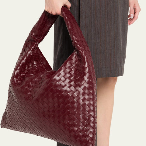 Bottega Large Hop Shoulder Bag Wine Leather With Gold Hardware Elegant Everyday Luxury - BEAUTY BAR