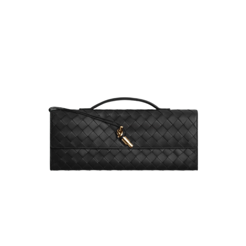 Bottega Veneta Andiamo Clutch – Black Intrecciato Leather With Brass Knot Modern Icon of Italian Craftsmanship - BEAUTY BAR