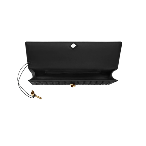 Bottega Veneta Andiamo Clutch – Black Intrecciato Leather With Brass Knot Modern Icon of Italian Craftsmanship - BEAUTY BAR