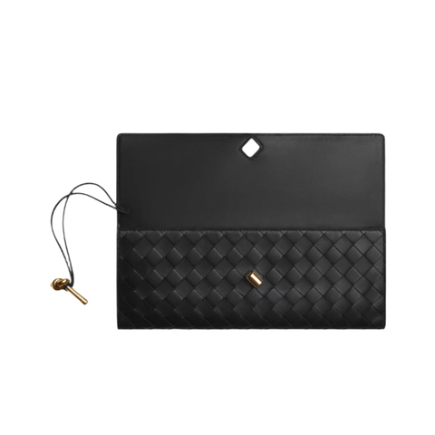 Bottega Veneta Andiamo Clutch – Black Intrecciato Leather With Brass Knot Modern Icon of Italian Craftsmanship - BEAUTY BAR