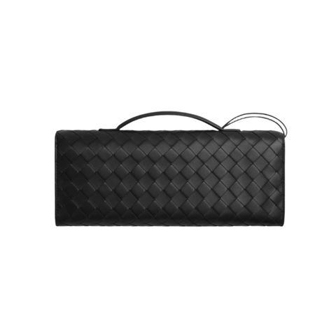 Bottega Veneta Andiamo Clutch – Black Intrecciato Leather With Brass Knot Modern Icon of Italian Craftsmanship - BEAUTY BAR