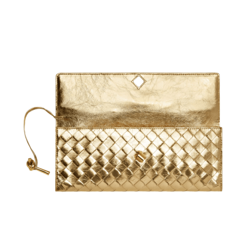 Bottega Veneta Andiamo Clutch Metallic Gold Leather with Knotted Strap Modern Italian Luxury - BEAUTY BAR