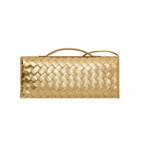 Bottega Veneta Andiamo Clutch Metallic Gold Leather with Knotted Strap Modern Italian Luxury - BEAUTY BAR