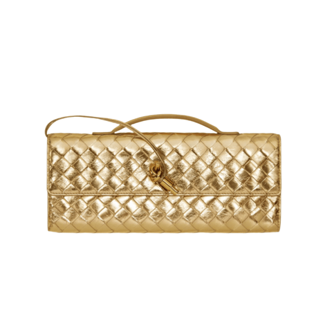 Bottega Veneta Andiamo Clutch Metallic Gold Leather with Knotted Strap Modern Italian Luxury - BEAUTY BAR