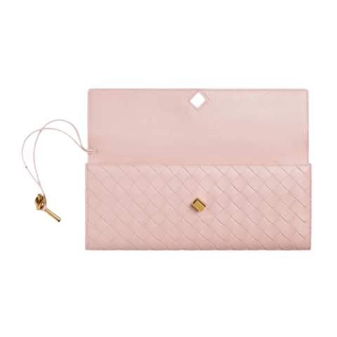 Bottega Veneta Andiamo Clutch Rose Pink Leather with Knotted Strap Feminine Italian Elegance - BEAUTY BAR